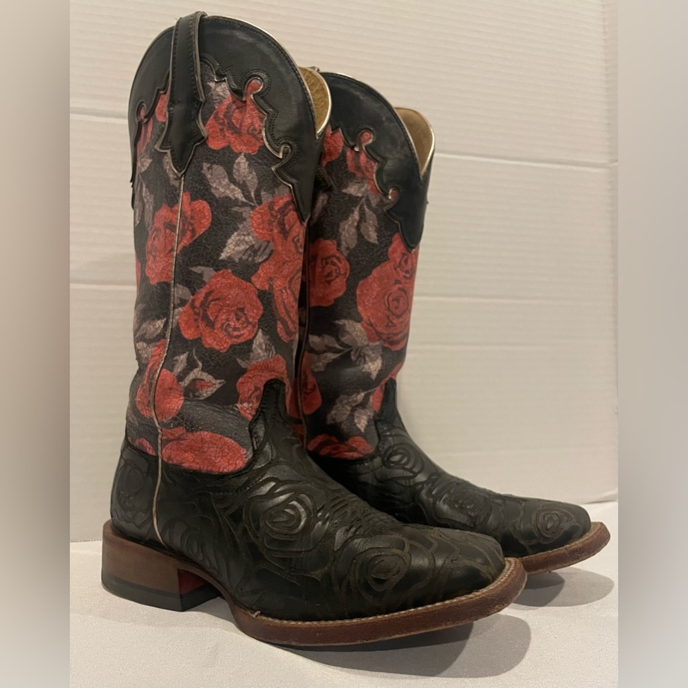 ARIAT Fonda Vintage Red Rose Black Leather Wide Square Toe Cowgirl Boots 7 1/2